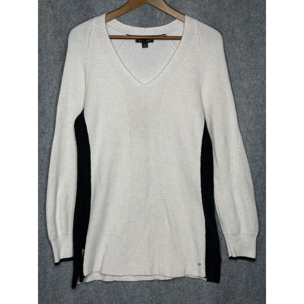 Tommy Hilfiger Women's Ivory Red White And Blue Stripe Knit v-neck sweater Small